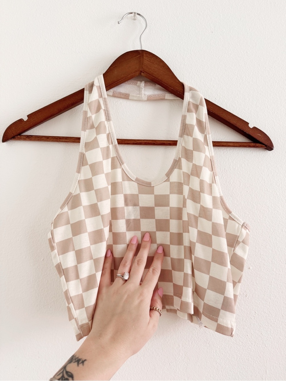 Dazy Beige Checkered Cropped Halter Top large